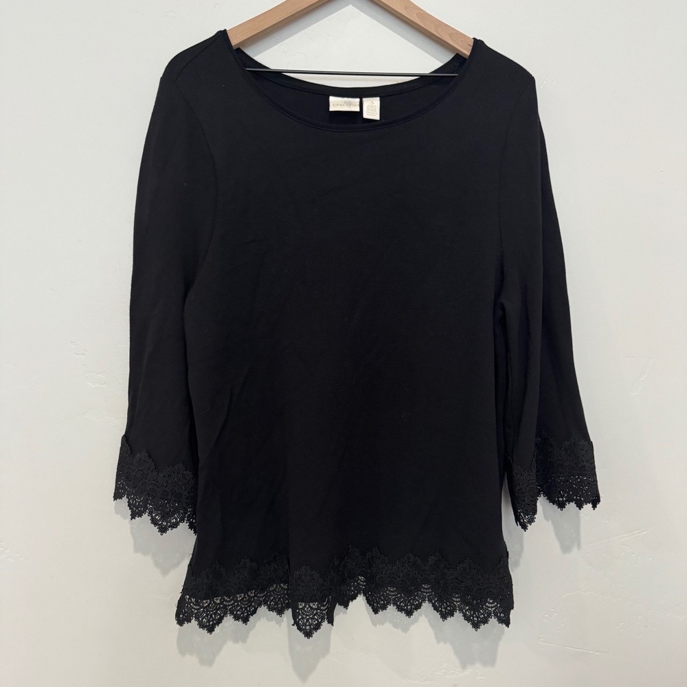 Chico's Black Crochet Lace Trim 3/4 Sleeve Tunic Top Whimsigoth Witchy XL Size 3